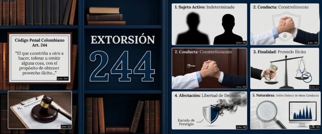 La extorsión está tipificada en el artículo 244 del Código Penal colombiano (Ley 599 de 2000):

“El que constriña a otro a hacer, tolerar u omitir alguna cosa, con el propósito de obtener provecho ilícito…”