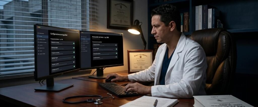 Médico ajustando privacidad digital para prevenir extorsión